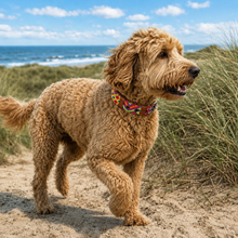 Afbeelding in Gallery-weergave laden, Labradoodle draagt Bohemi M077 medium hondenhalsband met kleurrijk handgeweven patroon in de duinen.
