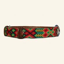 Afbeelding in Gallery-weergave laden, Andere zijde van leren hondenhalsband M125 met rood, fuchsia, turquoise, limegroen en metalen D ring
